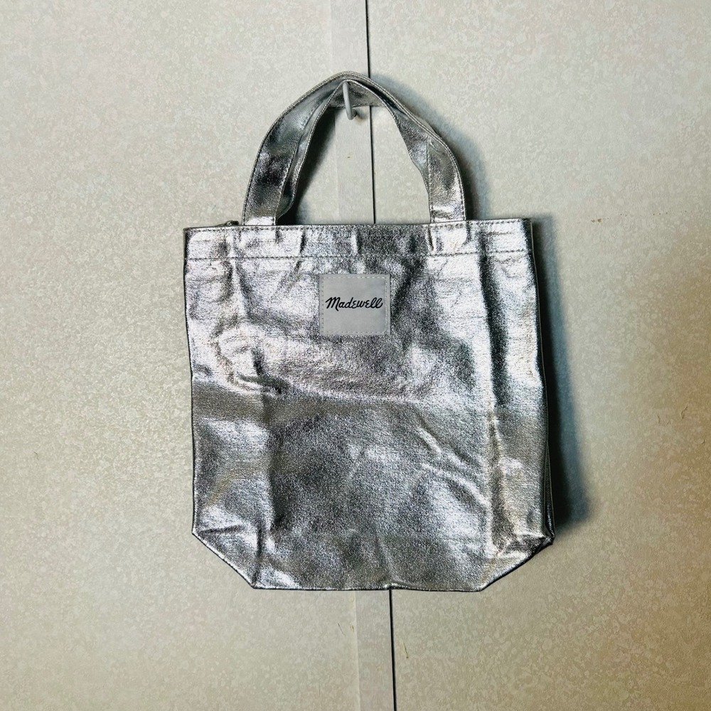 Madewell silver metallic mini small canvas shopper handle tote bag